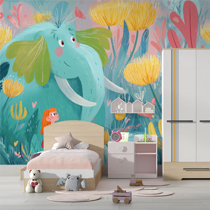 Magical Forest Elephant Illustration Mural Wallpaper | Pastel Hues, Oversized Flora, Ethereal Kids' Art