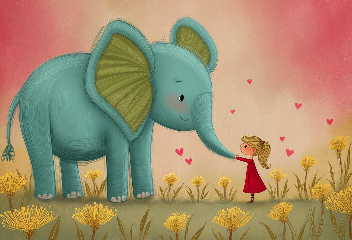 Sweet Elephant Dandelion Field Mural Wallpaper | Soft Colors, Child Illustration, Gentle Companionship