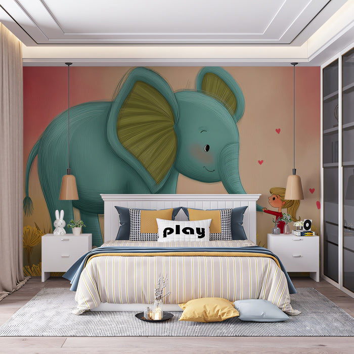 Sweet Elephant Dandelion Field Mural Wallpaper | Soft Colors, Child Illustration, Gentle Companionship