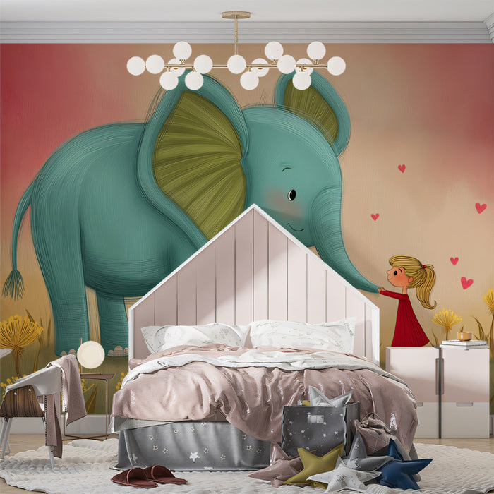 Sweet Elephant Dandelion Field Mural Wallpaper | Soft Colors, Child Illustration, Gentle Companionship