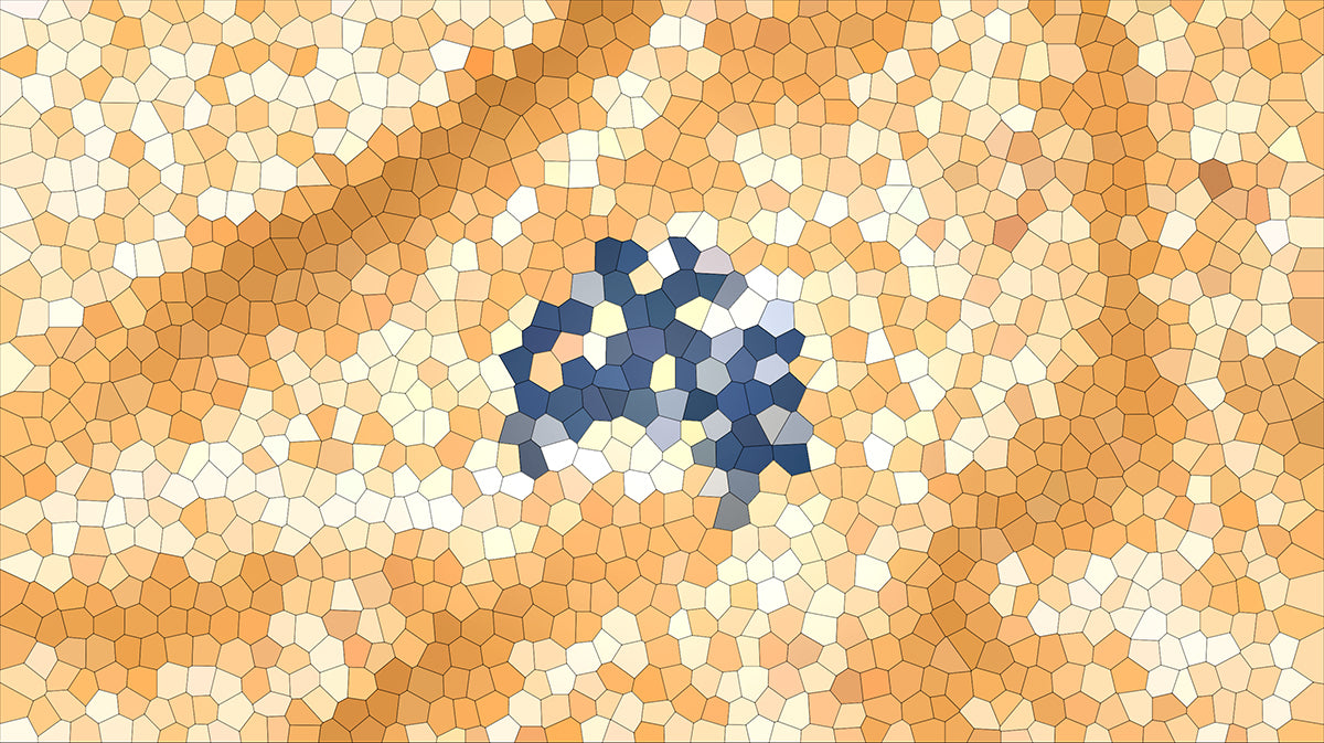 Abstract Stained Glass Mosaic Mural Wallpaper | Geometric Pattern, Warm Amber and Blue Center, Complex Texture