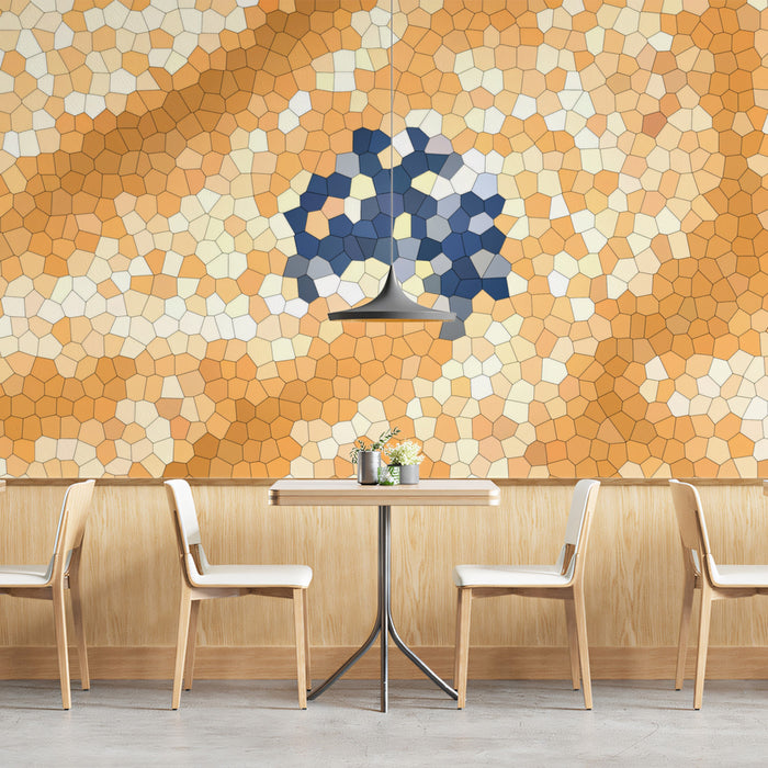 Abstract Stained Glass Mosaic Mural Wallpaper | Geometric Pattern, Warm Amber and Blue Center, Complex Texture