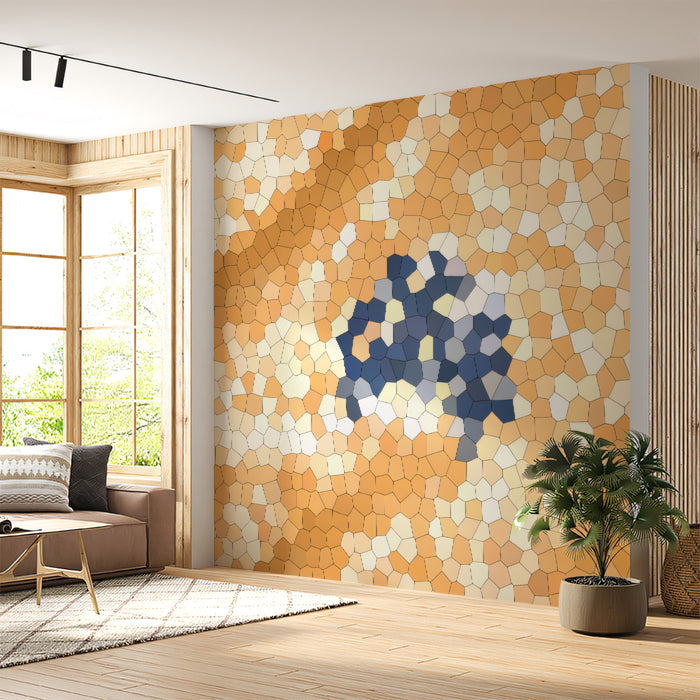 Abstract Stained Glass Mosaic Mural Wallpaper | Geometric Pattern, Warm Amber and Blue Center, Complex Texture