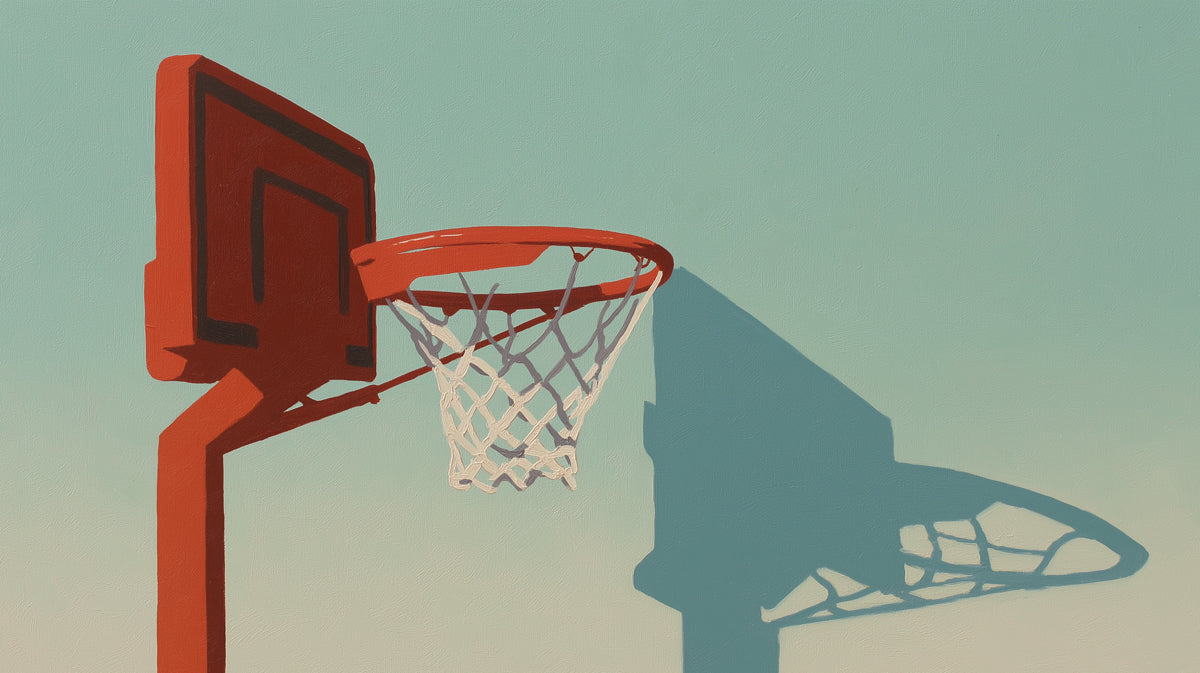 Minimalist Basketball Hoop Mural Wallpaper | Pop Art Style, Red and Teal Contrast, Graphic Shadow