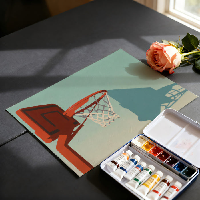 Minimalist Basketball Hoop Mural Wallpaper | Pop Art Style, Red and Teal Contrast, Graphic Shadow