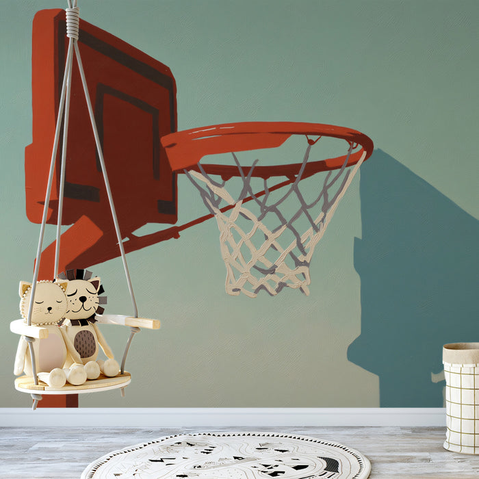 Minimalist Basketball Hoop Mural Wallpaper | Pop Art Style, Red and Teal Contrast, Graphic Shadow