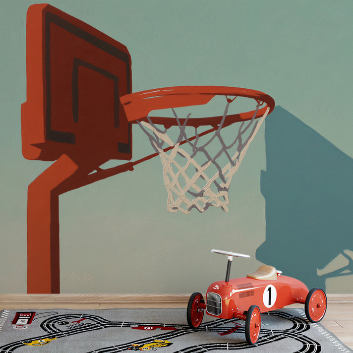 Minimalist Basketball Hoop Mural Wallpaper | Pop Art Style, Red and Teal Contrast, Graphic Shadow