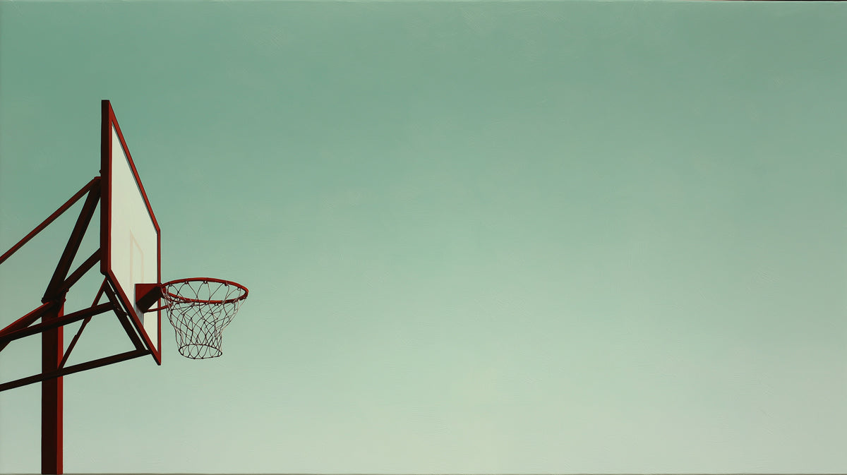 Minimalist Basketball Hoop Profile Mural Wallpaper | High Negative Space, Red Structure, Serene Teal Background
