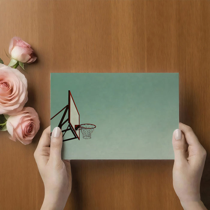 Minimalist Basketball Hoop Profile Mural Wallpaper | High Negative Space, Red Structure, Serene Teal Background