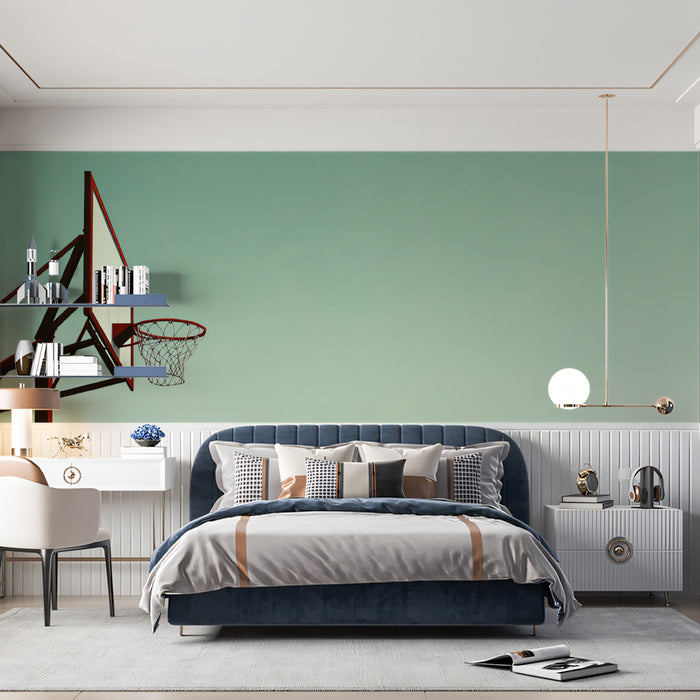 Minimalist Basketball Hoop Profile Mural Wallpaper | High Negative Space, Red Structure, Serene Teal Background