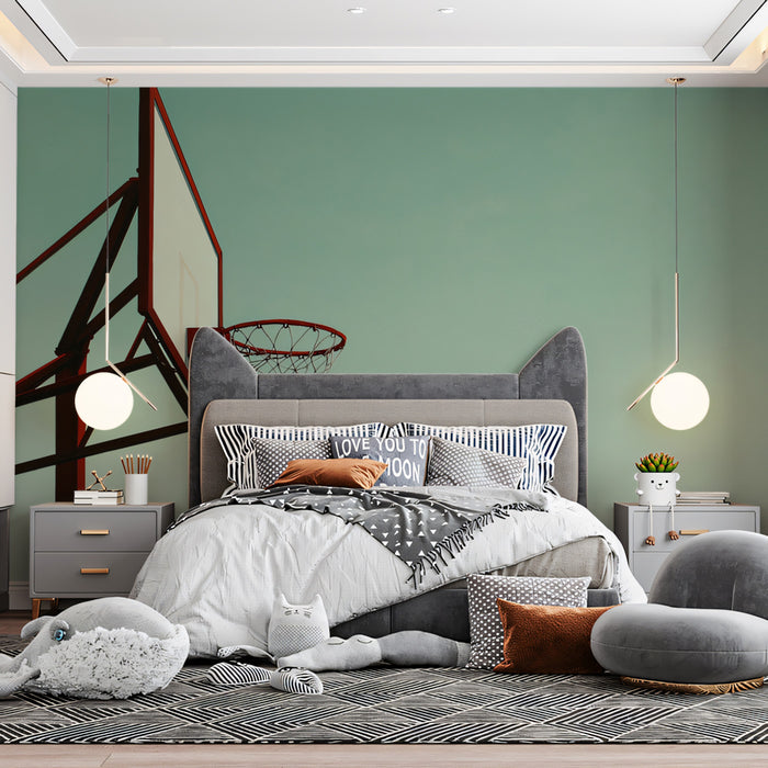 Minimalist Basketball Hoop Profile Mural Wallpaper | High Negative Space, Red Structure, Serene Teal Background