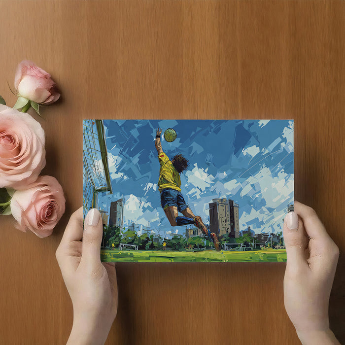 Dynamic Goalkeeper Urban Mural Wallpaper | Expressionist Style, Intense Blue Sky, High-Action Goalie Save