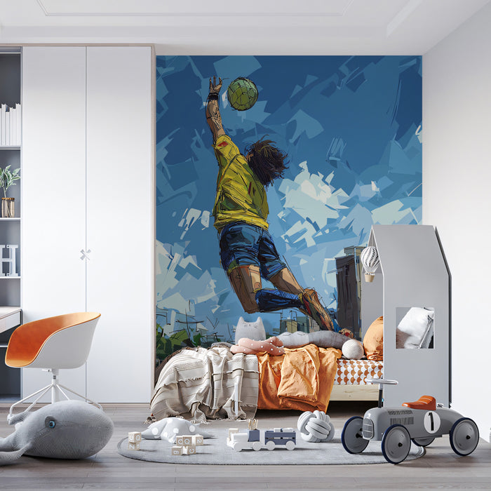Dynamic Goalkeeper Urban Mural Wallpaper | Expressionist Style, Intense Blue Sky, High-Action Goalie Save