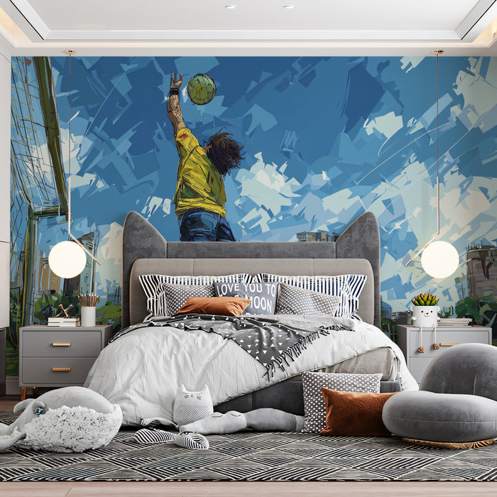 Dynamic Goalkeeper Urban Mural Wallpaper | Expressionist Style, Intense Blue Sky, High-Action Goalie Save