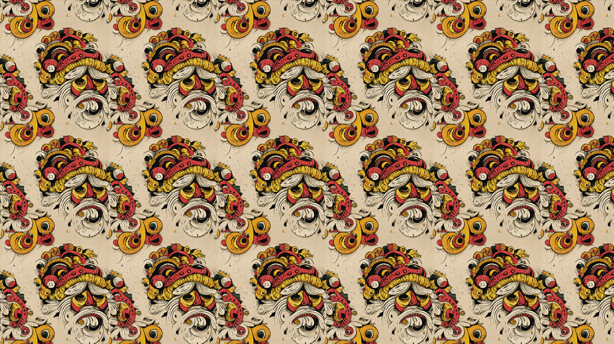 Intricate Folk Art Repeat Mural Wallpaper | Eastern Dragon Motif, Gold and Red Palette, Detailed Texture