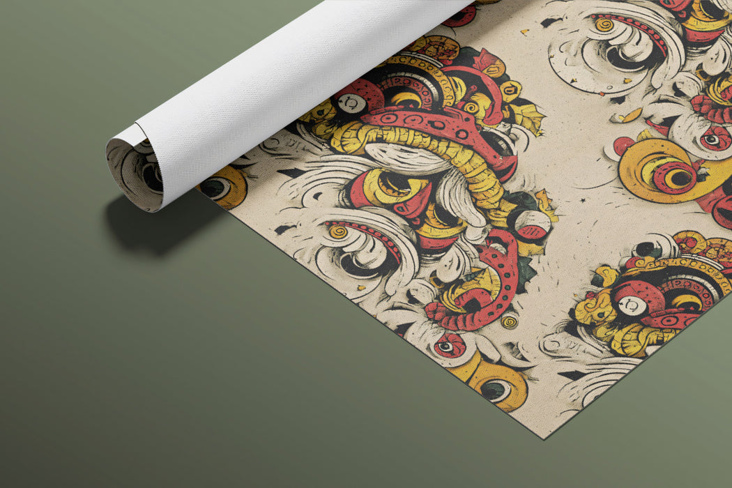 Intricate Folk Art Repeat Mural Wallpaper | Eastern Dragon Motif, Gold and Red Palette, Detailed Texture