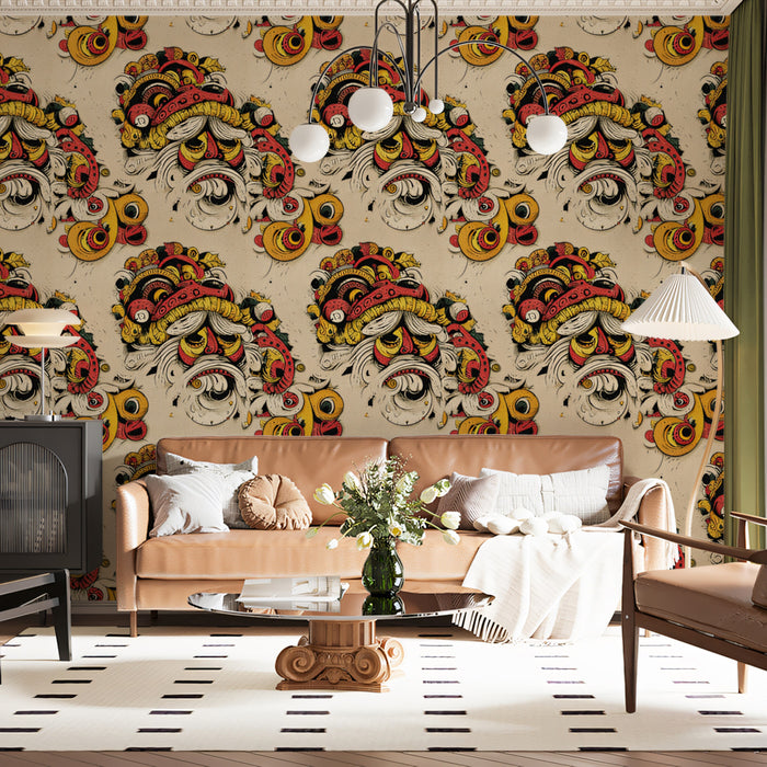 Intricate Folk Art Repeat Mural Wallpaper | Eastern Dragon Motif, Gold and Red Palette, Detailed Texture