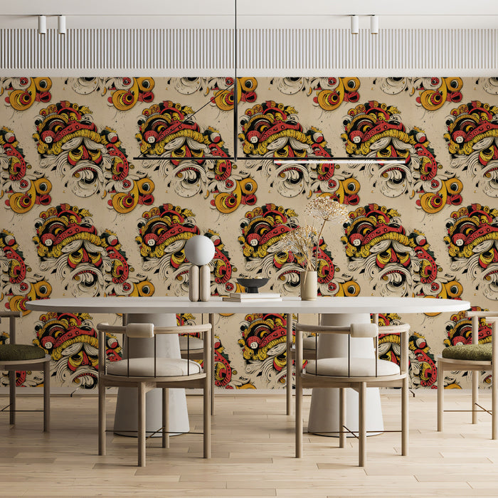 Intricate Folk Art Repeat Mural Wallpaper | Eastern Dragon Motif, Gold and Red Palette, Detailed Texture