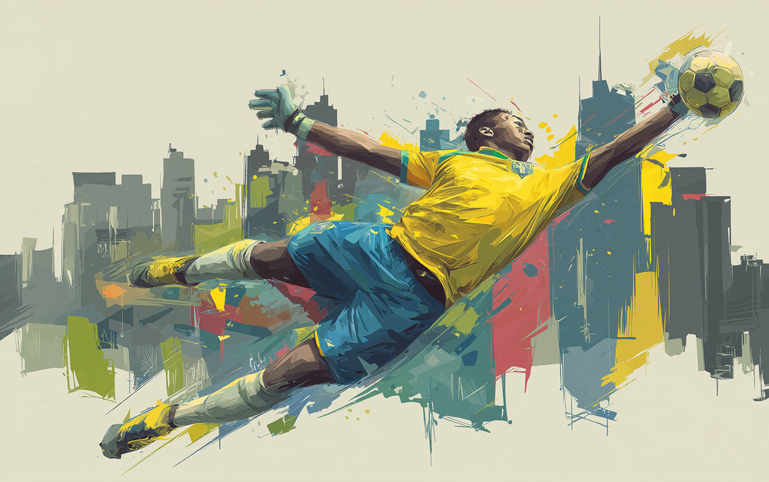 Brazilian Goalkeeper Abstract Mural Wallpaper | Pop Expressionism, City Backdrop, Yellow and Blue Contrast