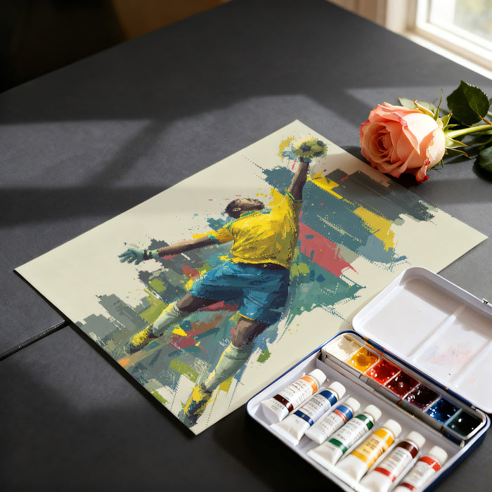 Brazilian Goalkeeper Abstract Mural Wallpaper | Pop Expressionism, City Backdrop, Yellow and Blue Contrast