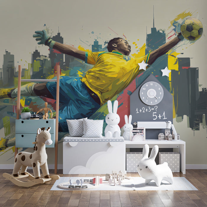 Brazilian Goalkeeper Abstract Mural Wallpaper | Pop Expressionism, City Backdrop, Yellow and Blue Contrast