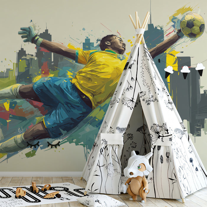 Brazilian Goalkeeper Abstract Mural Wallpaper | Pop Expressionism, City Backdrop, Yellow and Blue Contrast