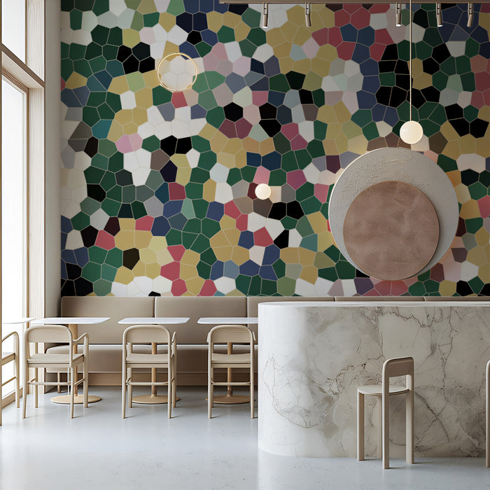 Multicolor Hexagon Mosaic Mural Wallpaper | Geometric Pattern, Diverse Palette, Abstract Stained Glass
