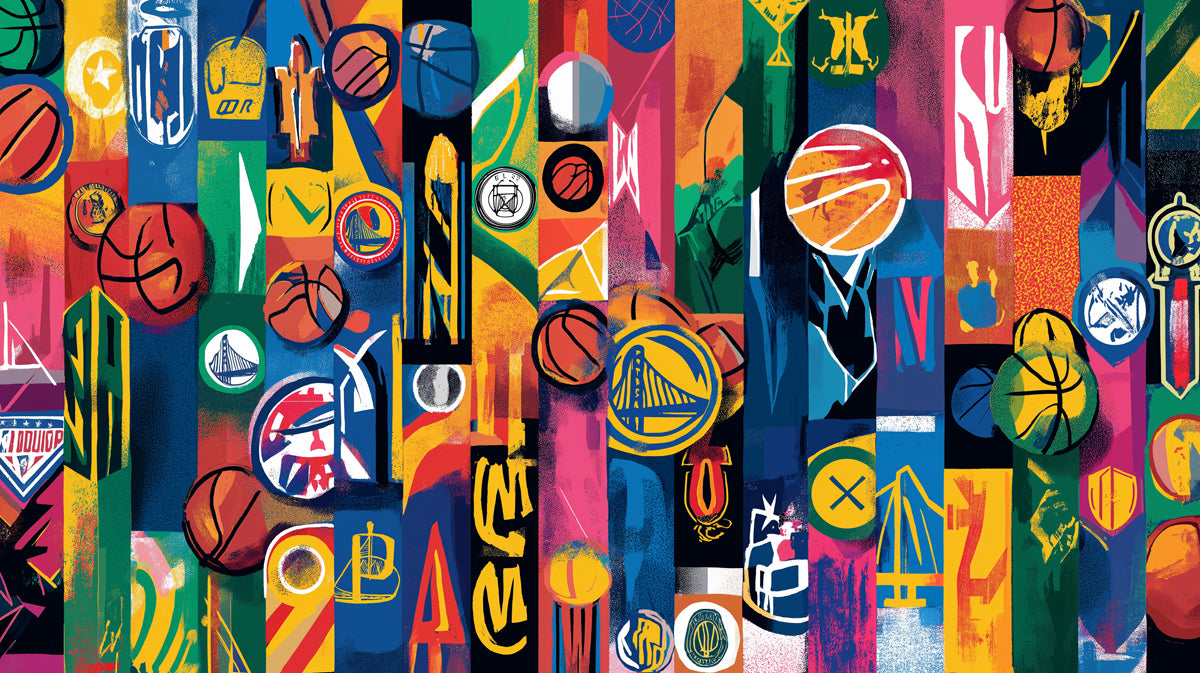 Abstract Basketball Collage Mural Wallpaper | Vibrant Pop Art, Geometric Blocks, High-Energy Sports Motif