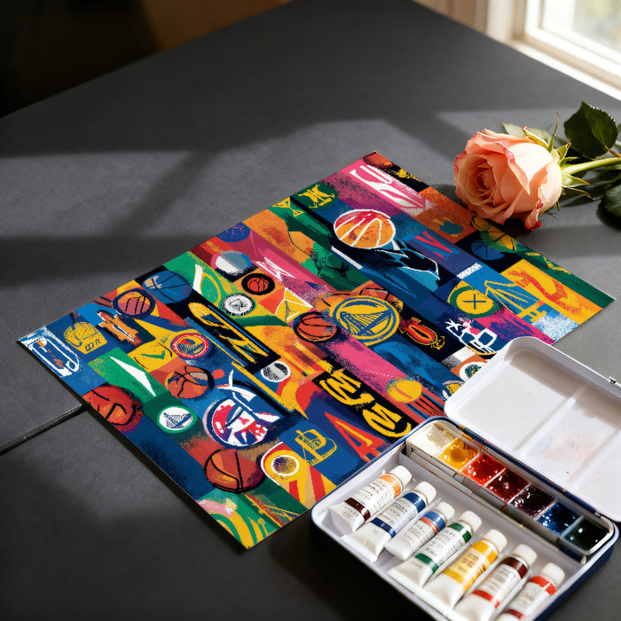 Abstract Basketball Collage Mural Wallpaper | Vibrant Pop Art, Geometric Blocks, High-Energy Sports Motif