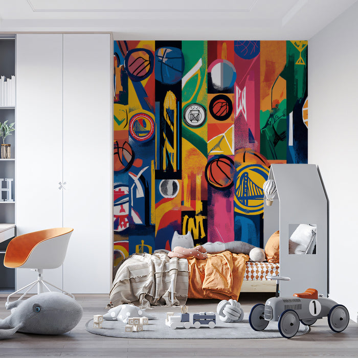 Abstract Basketball Collage Mural Wallpaper | Vibrant Pop Art, Geometric Blocks, High-Energy Sports Motif