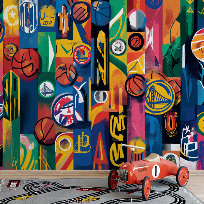 Abstract Basketball Collage Mural Wallpaper | Vibrant Pop Art, Geometric Blocks, High-Energy Sports Motif