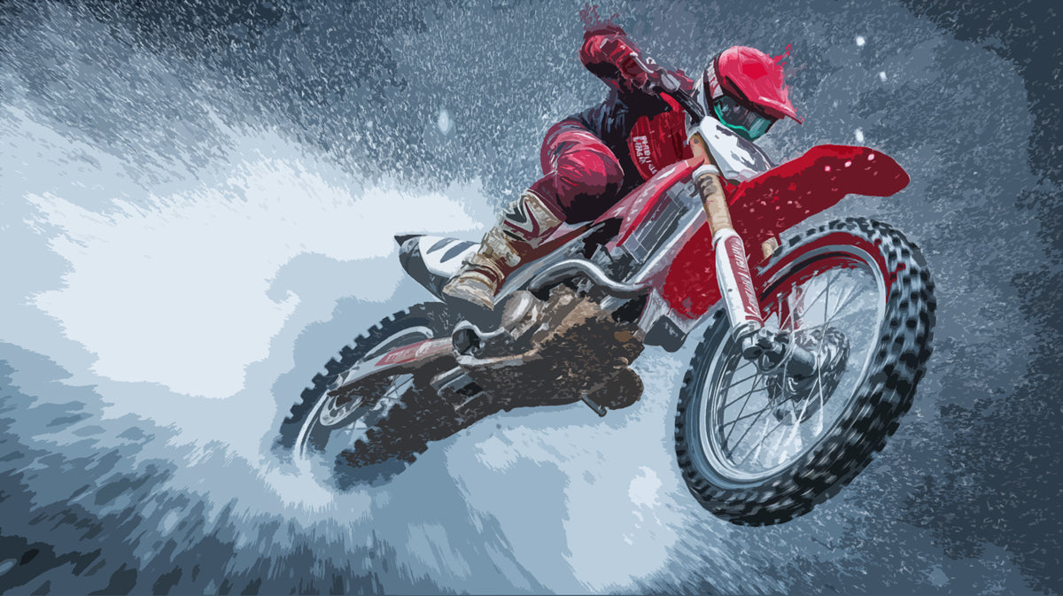 Red Motocross Action Mural Wallpaper | Dynamic Splatter, Extreme Sports, Cool Blue-Gray Tones