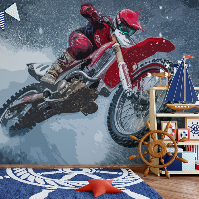 Red Motocross Action Mural Wallpaper | Dynamic Splatter, Extreme Sports, Cool Blue-Gray Tones