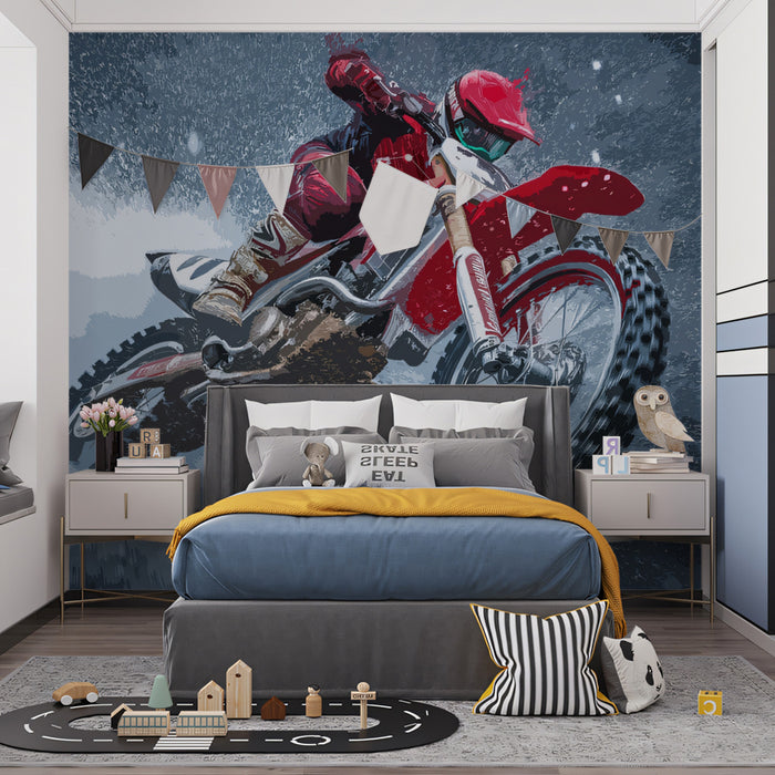 Red Motocross Action Mural Wallpaper | Dynamic Splatter, Extreme Sports, Cool Blue-Gray Tones