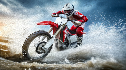 Motorcyclist riding through water on a dirt bike with a dynamic background