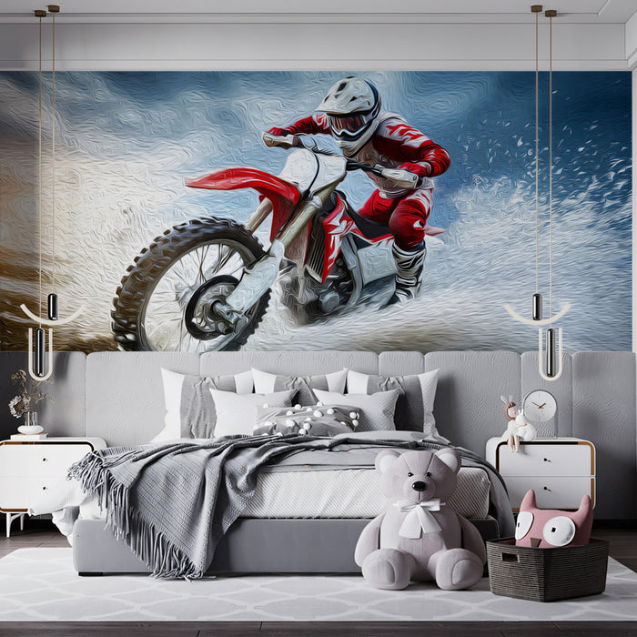 Bedroom with a large mural of a motocross rider on the wall.