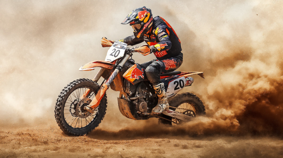 Desert Motocross Dust Trail Mural Wallpaper | High-Action Realism, Intense Orange Hues, Off-Road Sport