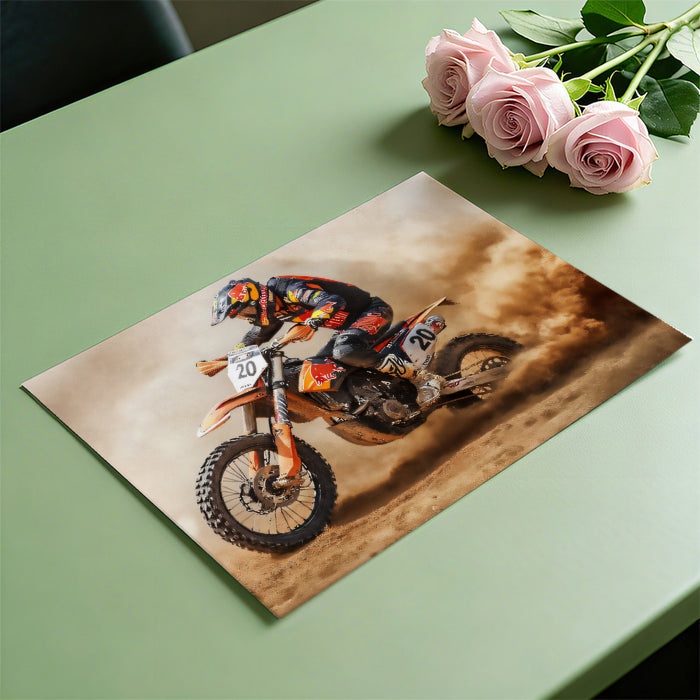 Desert Motocross Dust Trail Mural Wallpaper | High-Action Realism, Intense Orange Hues, Off-Road Sport