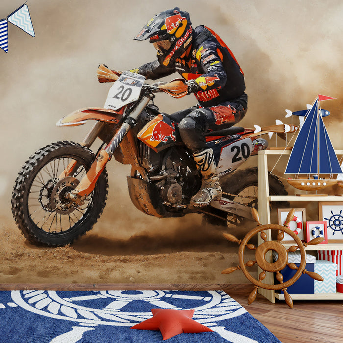 Desert Motocross Dust Trail Mural Wallpaper | High-Action Realism, Intense Orange Hues, Off-Road Sport