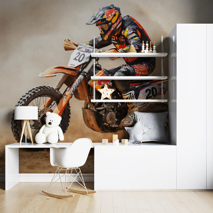 Desert Motocross Dust Trail Mural Wallpaper | High-Action Realism, Intense Orange Hues, Off-Road Sport
