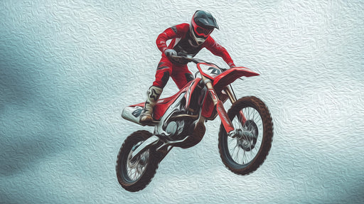 Motocross rider in mid-air performing a stunt on a red motorcycle against a light blue textured background