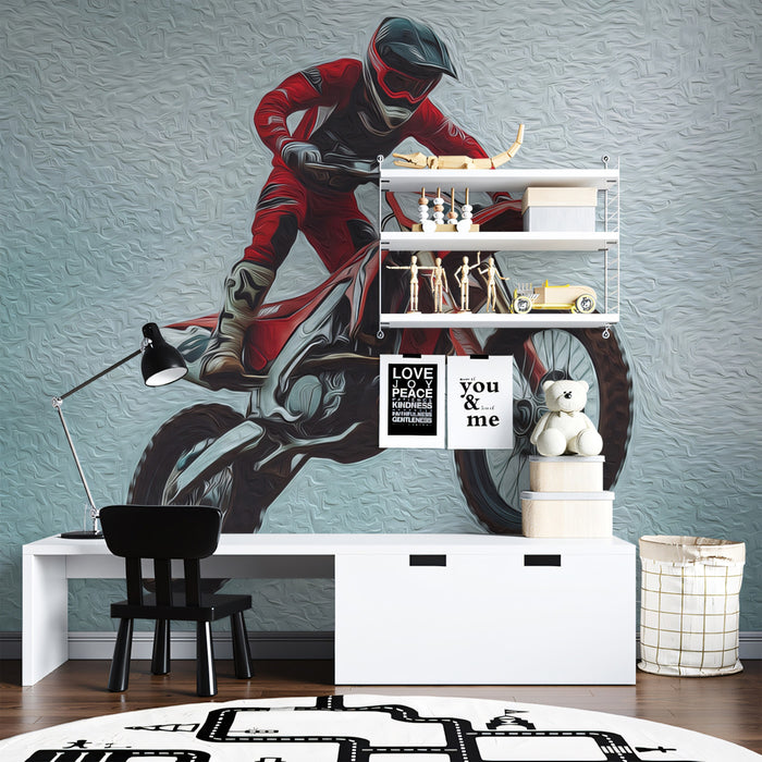 Wall mural of a person on a motorcycle in a room with decor items.