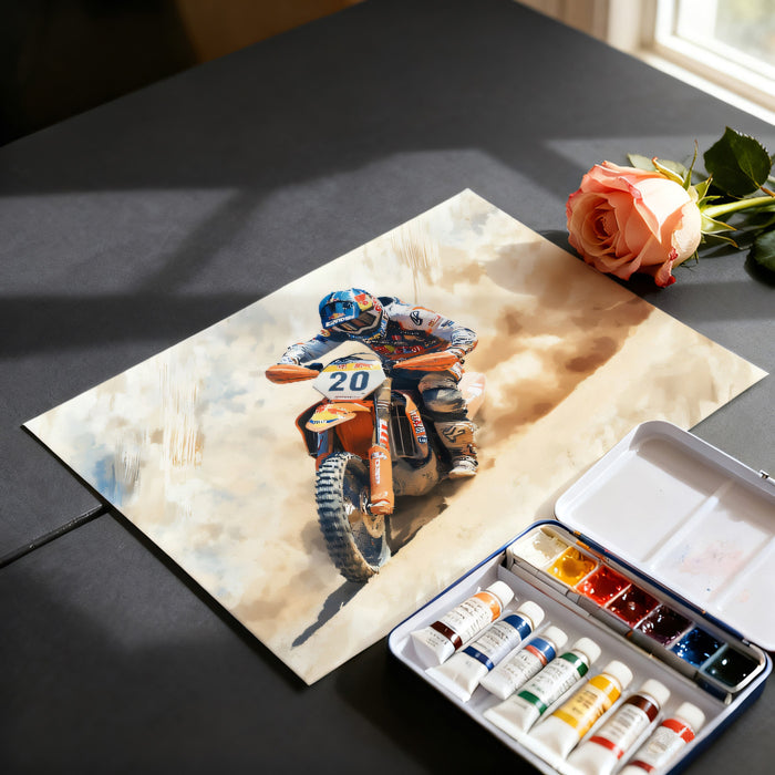 Painting of a motocross rider on a textured surface with a paint palette and rose.