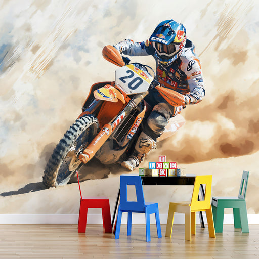 Motocross rider on a bike with colorful chairs and blocks in the foreground