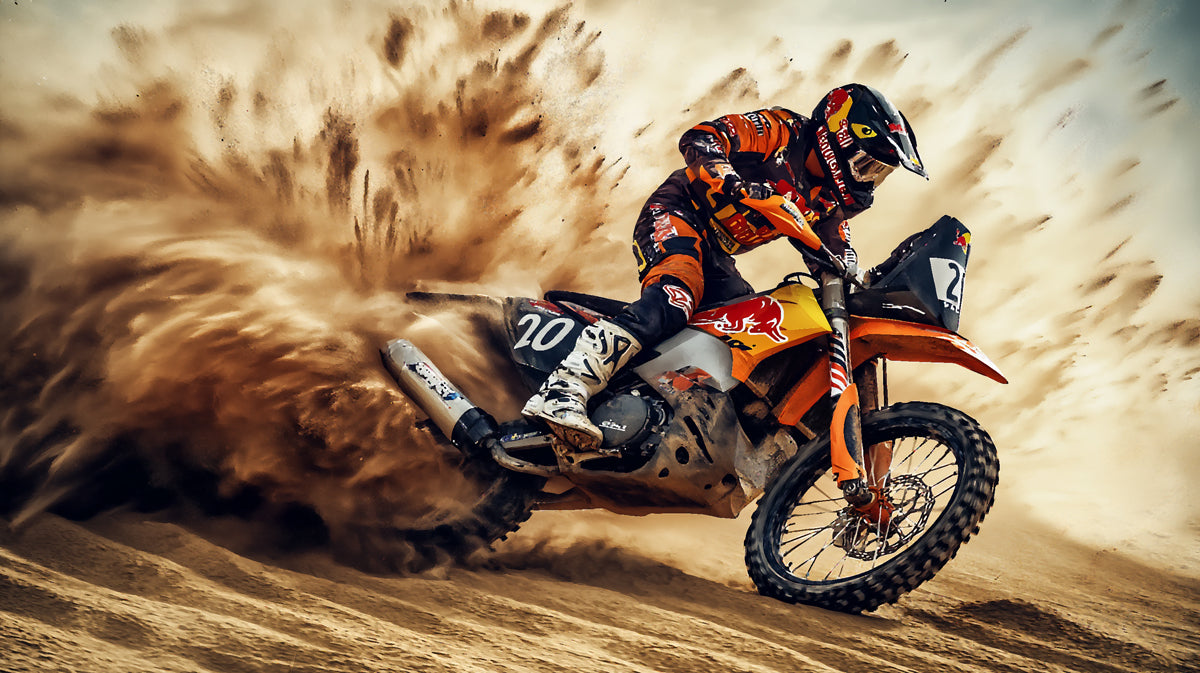 Intense Desert Motocross Mural Wallpaper | Dust Cloud, High-Action Realism, Fiery Orange Palette