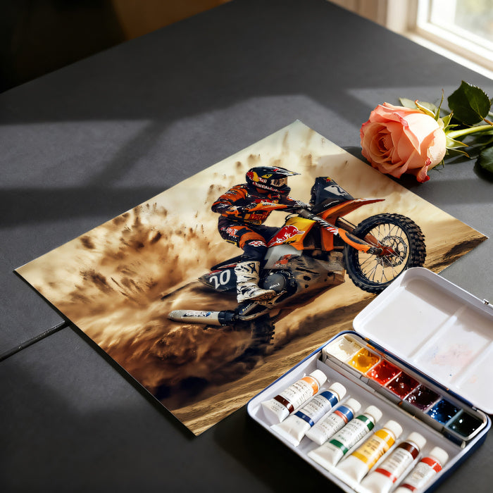 Intense Desert Motocross Mural Wallpaper | Dust Cloud, High-Action Realism, Fiery Orange Palette