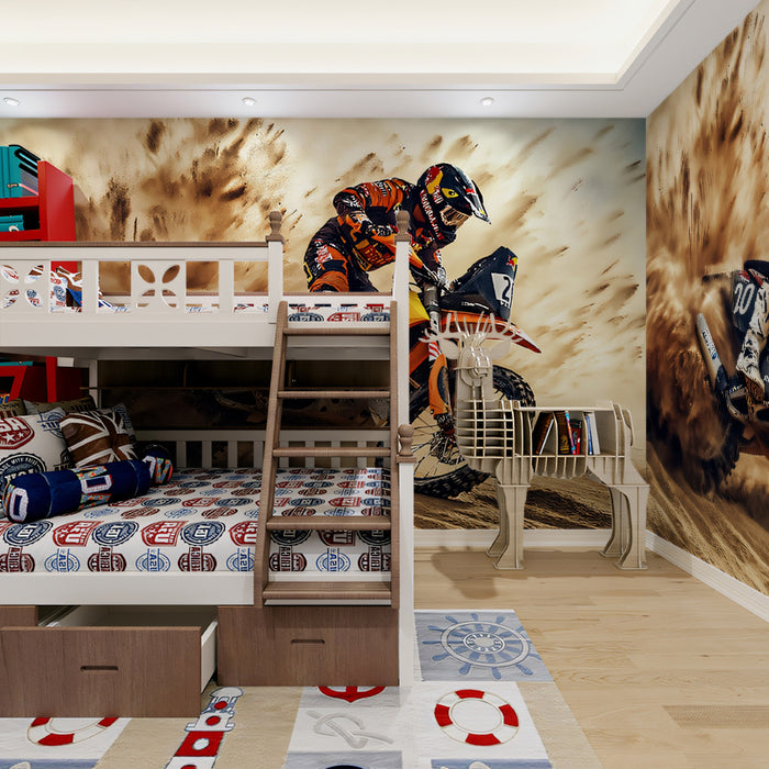 Intense Desert Motocross Mural Wallpaper | Dust Cloud, High-Action Realism, Fiery Orange Palette