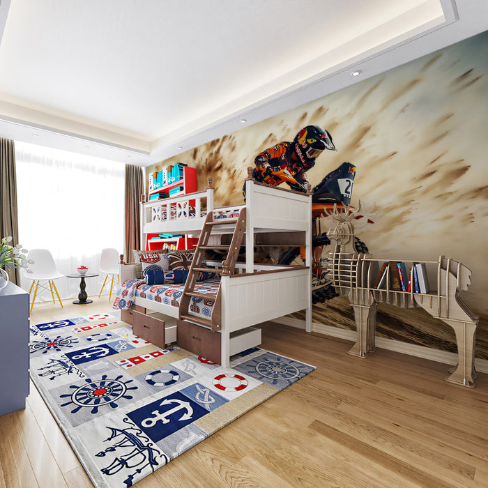 Intense Desert Motocross Mural Wallpaper | Dust Cloud, High-Action Realism, Fiery Orange Palette