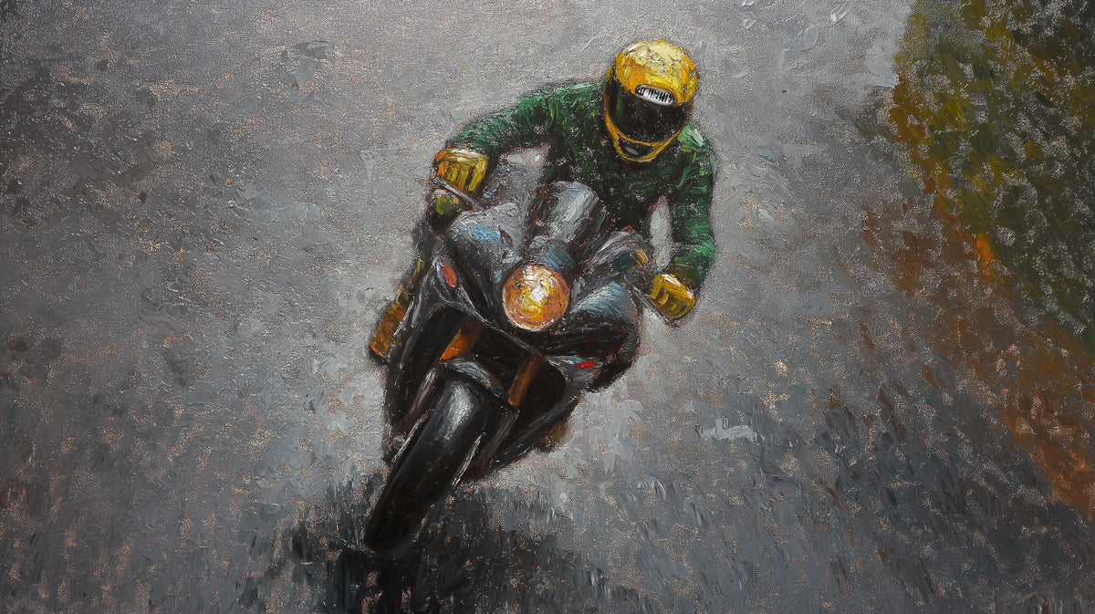 Motorcyclist on a wet road with reflective surfaces