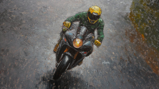 Motorcyclist on a wet road with reflective surfaces